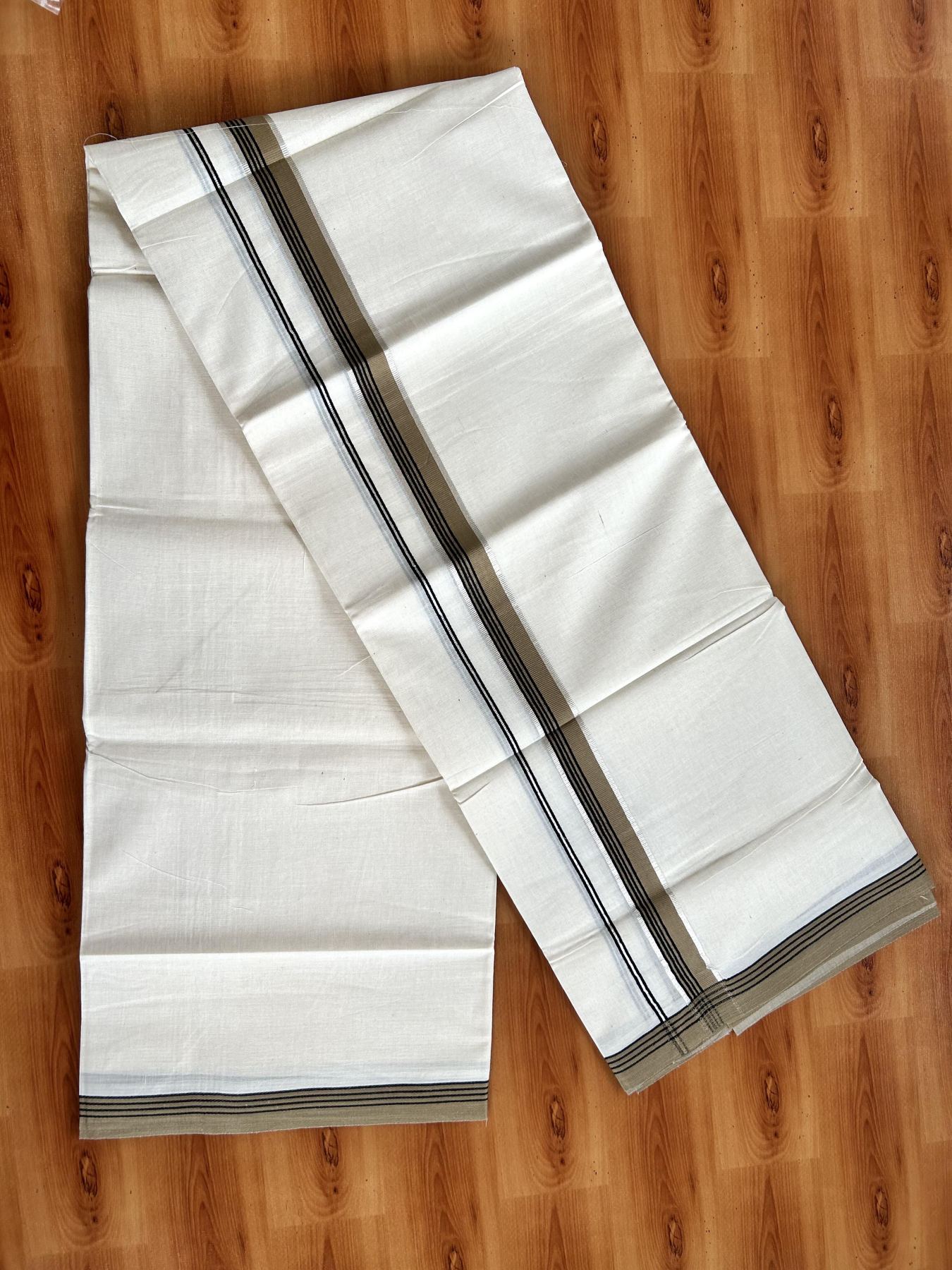 Double Off White  Mundu/Dhoti- 20% Discount! KaithariKada Balaramapuram Pure Cotton - 100x80 - 1 inch Silver Kasav & Walnut Brown & Black Striped Kara - 4mtr (8.5muzham) - 4 KK5417 VAS
