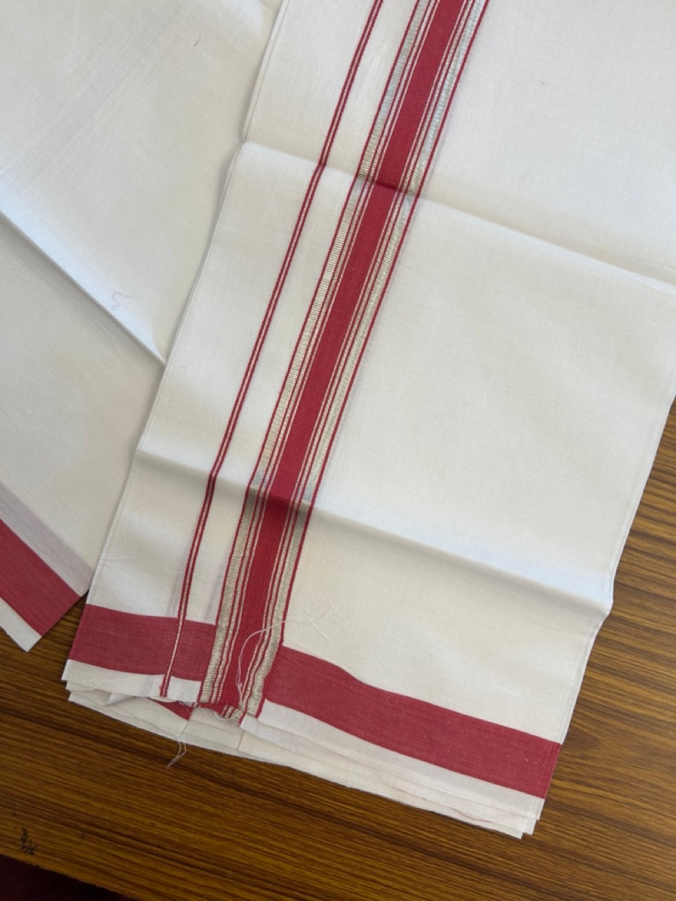 18% Discount!! KaithariKada Balaramapuram 100% Cotton Single Pure White Mundu/Dhoti - 100X80 - 1.25 inch Silver Kasav Reddish Pink Stripes kara 1.90 mtr (4 muzham) - 17 KK5282 PMC