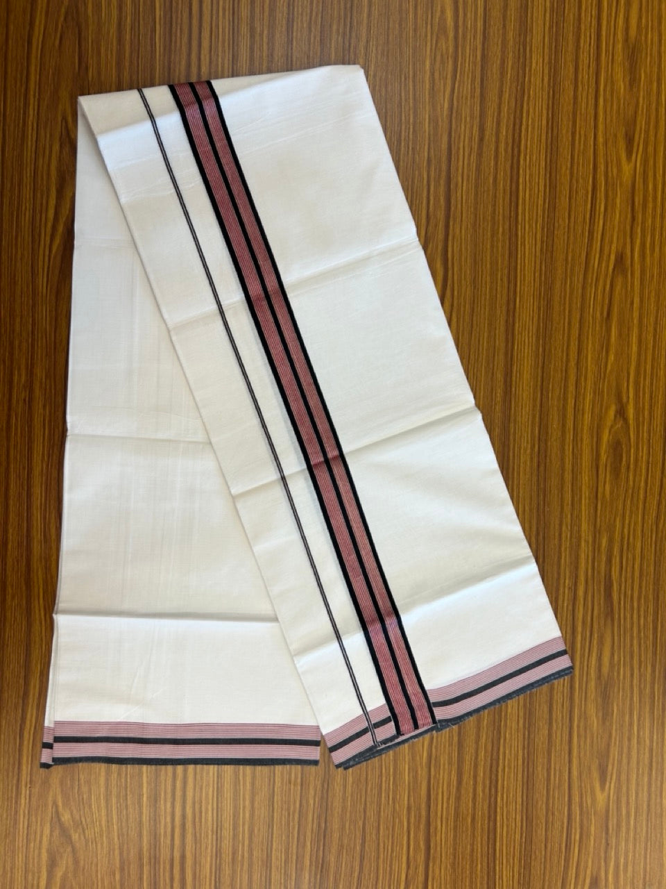 21% Discount!! KaithariKada Balaramapuram 100% Cotton Single Pure White Mundu/Dhoti - 100X80 - 1.5 inch Silver Kasav Black & Maroon Stripes kara 1.90 mtr (4 muzham) - 21 KK5282 PMC
