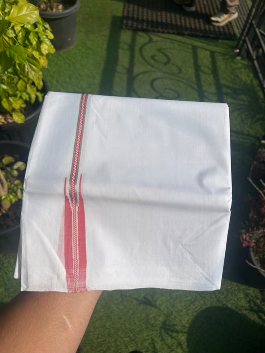 30% DISCOUNT!! KaithariKada HANDLOOM Unakkupaav Balaramapuram - 100% Pure Cotton PURE WHITE  Double Mundu/Dothi - 1.5 cm Silver Kasav Reddish Rose Muthukkuri Chutty Puliyilakkara - 4KK5129YAR