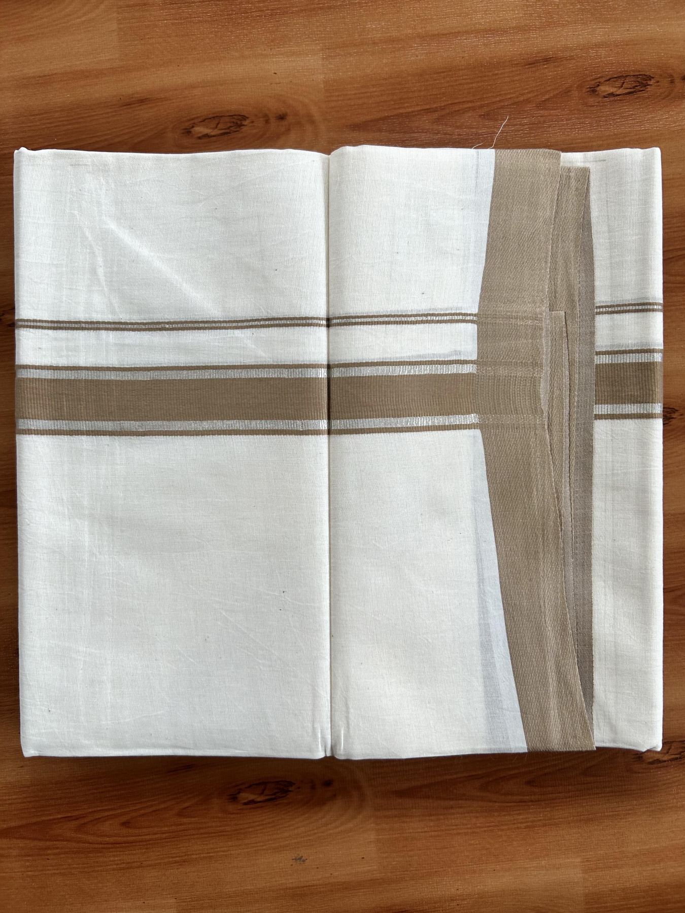 Double Off White  Mundu/Dhoti- 20% Discount! KaithariKada Balaramapuram Pure Cotton - 100x80 - 1 inch Silver Kasav & Light Brown Kara - 4mtr (8.5muzham) - 5 KK5417 VAS