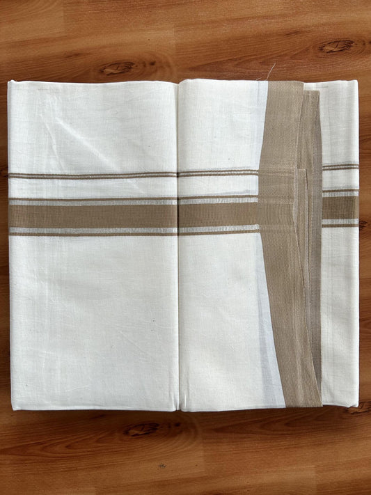 Double Off White  Mundu/Dhoti- 20% Discount! KaithariKada Balaramapuram Pure Cotton - 100x80 - 1 inch Silver Kasav & Light Brown Kara - 4mtr (8.5muzham) - 5 KK5417 VAS