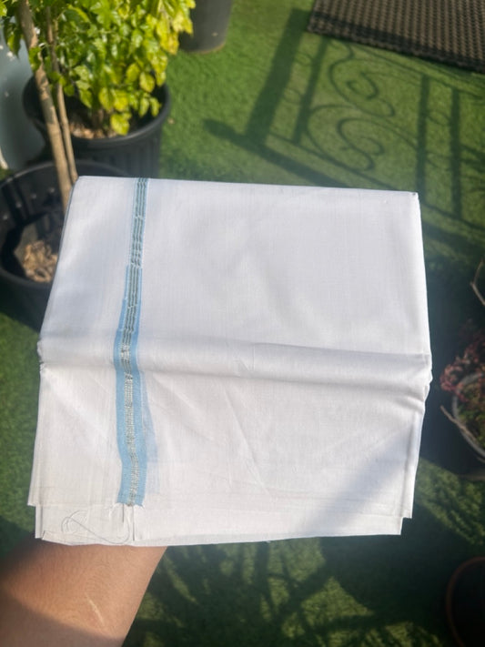 30% DISCOUNT!! KaithariKada HANDLOOM UNAKKUPAAV Balaramapuram - 100% PURE Cotton PURE WHITE - Double Mundu/Dothi - Sky Blue & Silver Striped puliyilakkara chutty - 3KK5129YAR