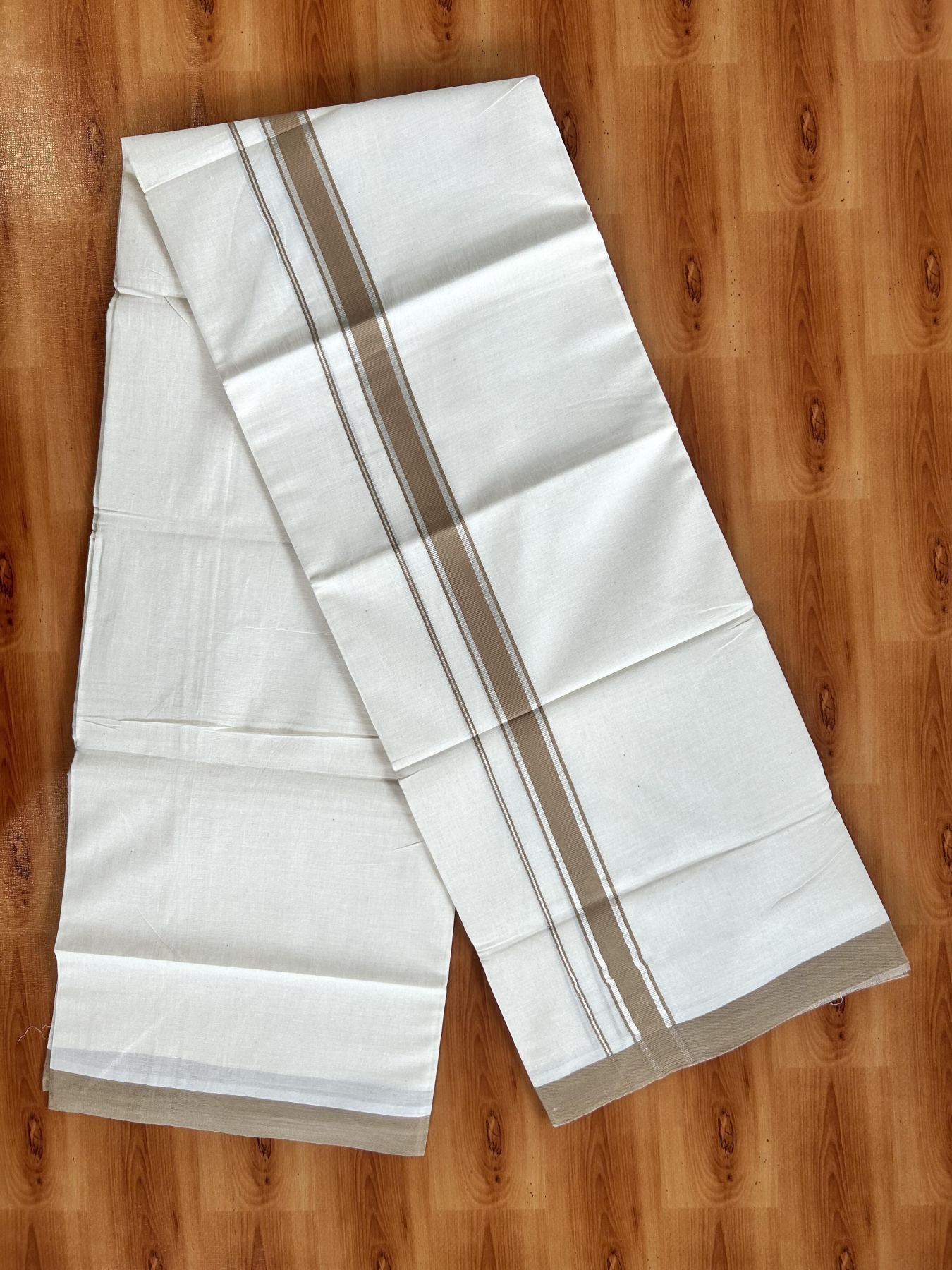 Double Off White  Mundu/Dhoti- 20% Discount! KaithariKada Balaramapuram Pure Cotton - 100x80 - 1 inch Silver Kasav & Light Brown Kara - 4mtr (8.5muzham) - 5 KK5417 VAS