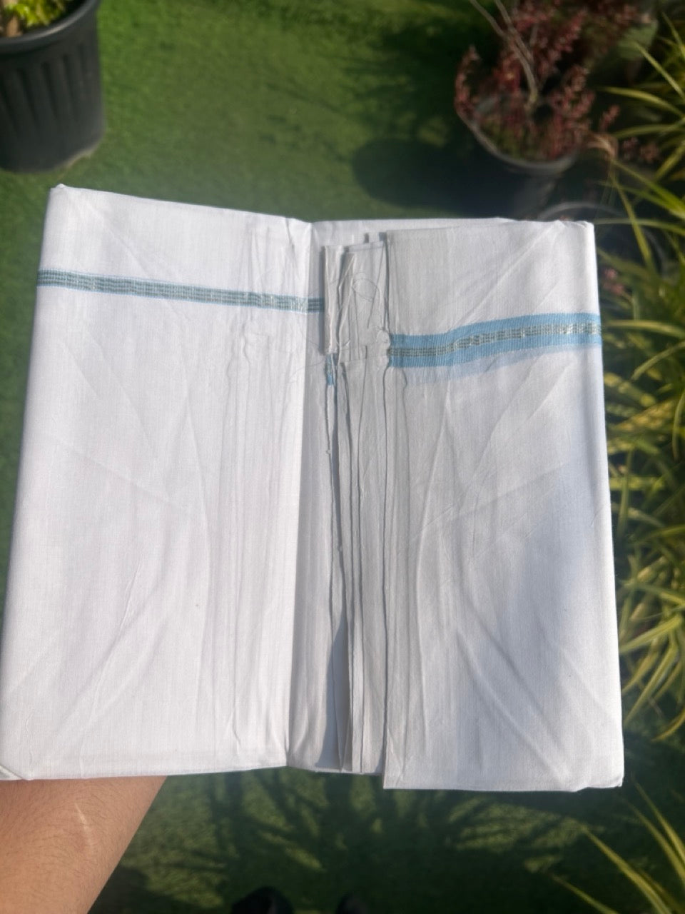 30% DISCOUNT!! KaithariKada HANDLOOM UNAKKUPAAV Balaramapuram - 100% PURE Cotton PURE WHITE - Double Mundu/Dothi - Sky Blue & Silver Striped puliyilakkara chutty - 3KK5129YAR