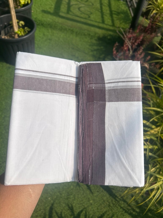 30% Discount!!! KaithariKada HANDLOOM UNAKKUPAAV Balaramapuram - 100% PURE Cotton PURE WHITE Double Mundu/Dhoti - 1.25 inch Chocolate Brown Striped Kara - 16KK5129YAR