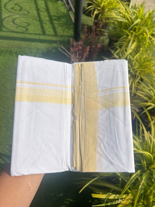 30% Discount!!! KaithariKada HANDLOOM UNAKKUPAAV Balaramapuram - 100% PURE Cotton PURE WHITE Double Mundu/Dhoti - 1.25 inch Light Yellow Shaded & Striped Kara - 20KK5129YAR
