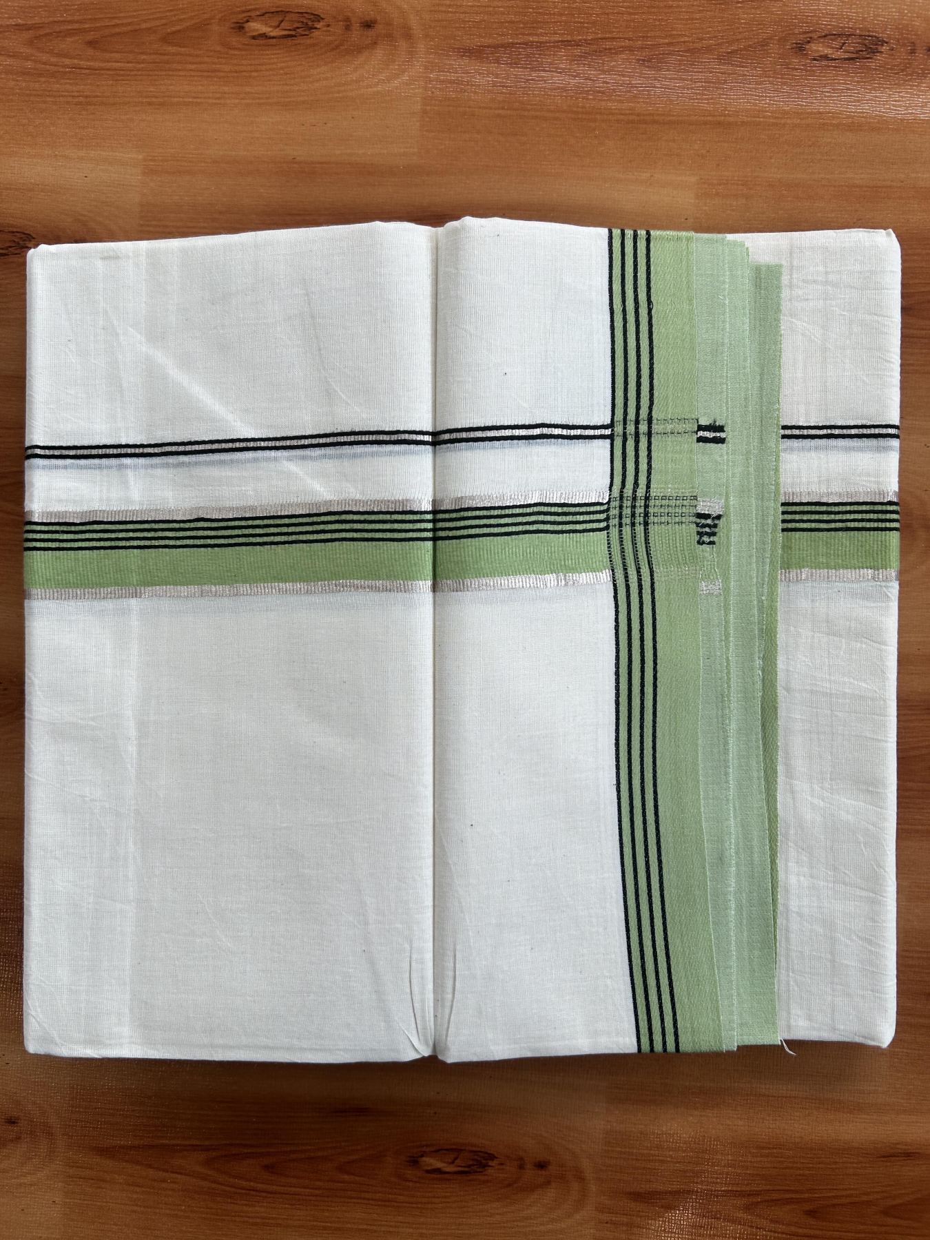 Double Off White  Mundu/Dhoti- 20% Discount! KaithariKada Balaramapuram Pure Cotton - 100x80 - 1 inch Silver Kasav & Pista Green & Black Striped Kara - 4mtr (8.5muzham) - 1 KK5417 VAS