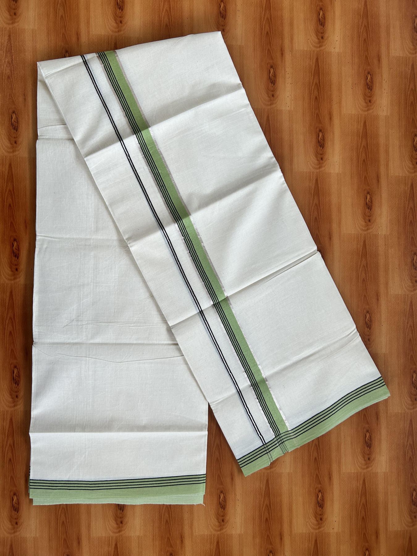 Double Off White  Mundu/Dhoti- 20% Discount! KaithariKada Balaramapuram Pure Cotton - 100x80 - 1 inch Silver Kasav & Pista Green & Black Striped Kara - 4mtr (8.5muzham) - 1 KK5417 VAS