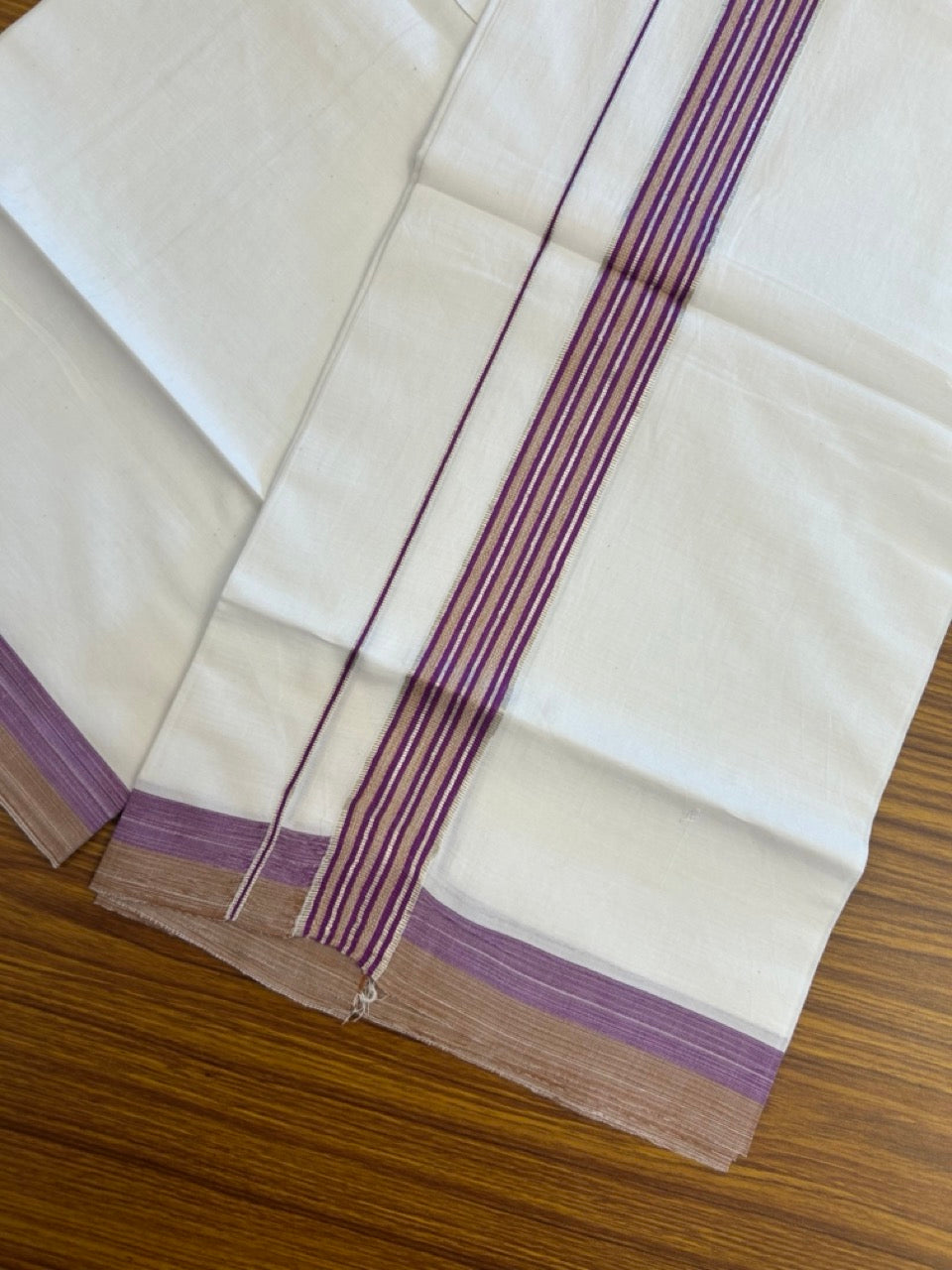 21% Discount!! KaithariKada Balaramapuram 100% Cotton Single Pure White Mundu/Dhoti - 100X80 - 1.25 inch Silver Kasav Purple & Brown Stripes kara 1.90 mtr (4 muzham) - 24 KK5282 PMC