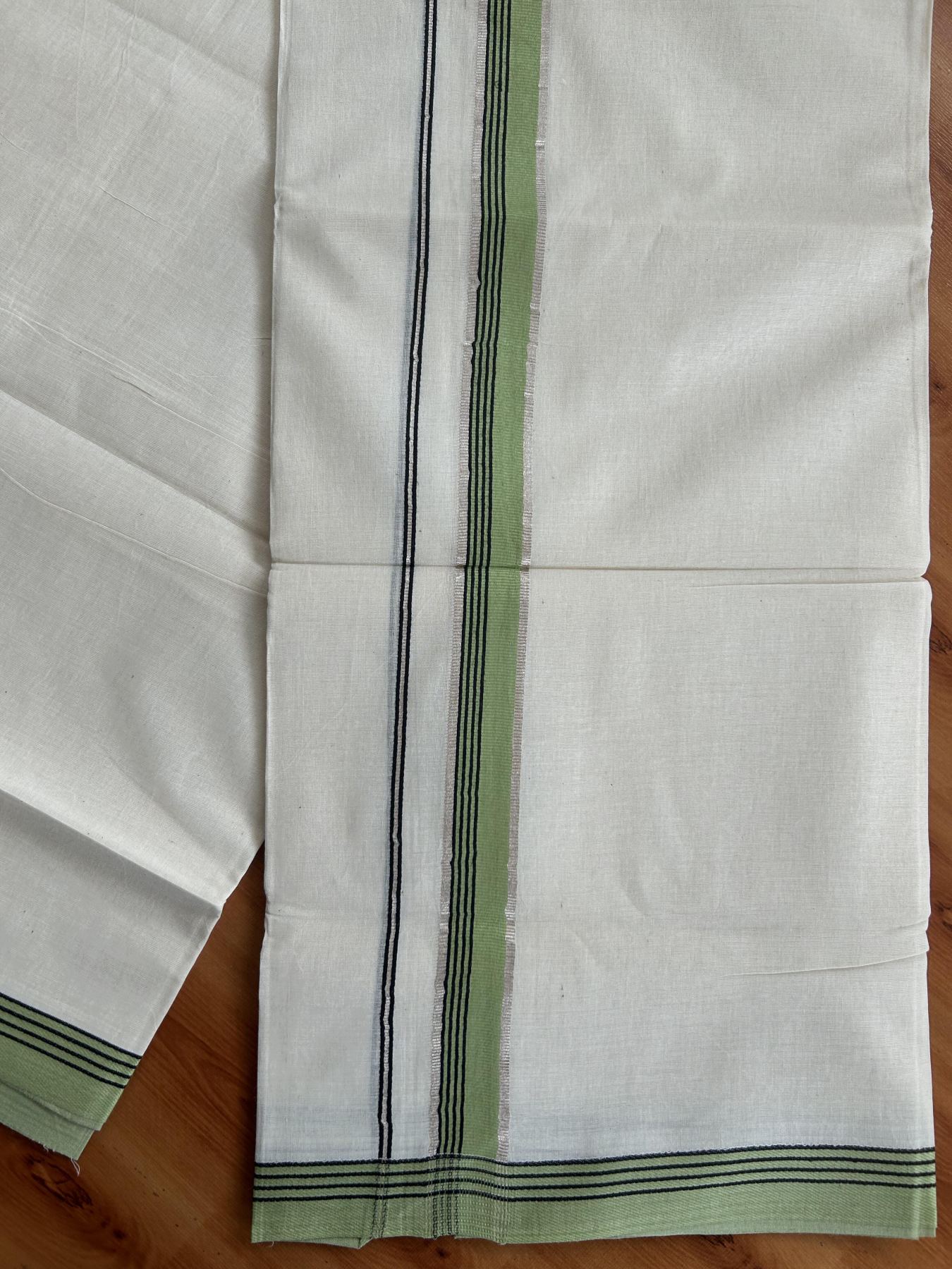 Double Off White  Mundu/Dhoti- 20% Discount! KaithariKada Balaramapuram Pure Cotton - 100x80 - 1 inch Silver Kasav & Pista Green & Black Striped Kara - 4mtr (8.5muzham) - 1 KK5417 VAS