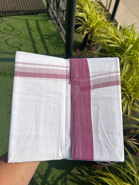 30% Discount!!! KaithariKada HANDLOOM UNAKKUPAAV Balaramapuram - 100% PURE Cotton PURE WHITE Double Mundu/Dhoti - 1 inch Dark Purple Striped Kara - 2KK5129YAR