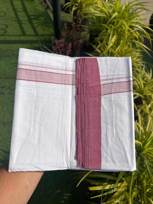 30% Discount!!! KaithariKada HANDLOOM UNAKKUPAAV Balaramapuram - 100% PURE Cotton PURE WHITE Double Mundu/Dhoti - 1 inch Dark Peach Striped Kara - 1KK5129YAR