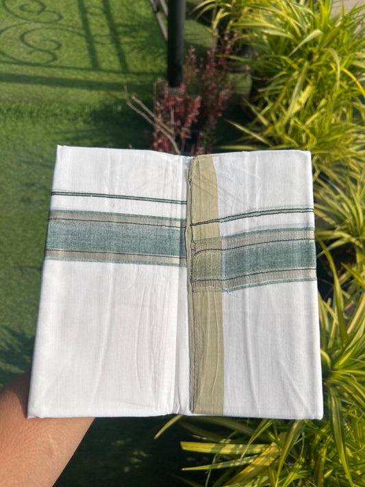 30% Discount KaithariKada HANDLOOM Unakkupaav Balaramapuram - 100% PURE Cotton PURE WHITE - 100x100 Double Mundu/Dhoti - 2 inch Dark Basil Green & Silver Kasavu Shaded Kara - 12KK5129YAR