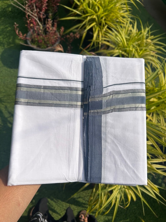 30% Discount KaithariKada HANDLOOM Unakkupaav Balaramapuram - 100% PURE Cotton PURE WHITE - 100x100 Double Mundu/Dhoti - 1.5 inch Ash Blue & Silver Kasavu Shaded Kara - 11KK5129YAR