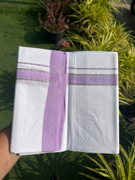 30% DISCOUNT! KaithariKada BALARAMAPURAM HANDLOOM UNAKKUPAAV - 100% PURE Cotton PURE WHITE Double Mundu/Dhoti -  1 inch Silver Kasavu & Lavender Pink Shaded Kara - 9KK5129YAR