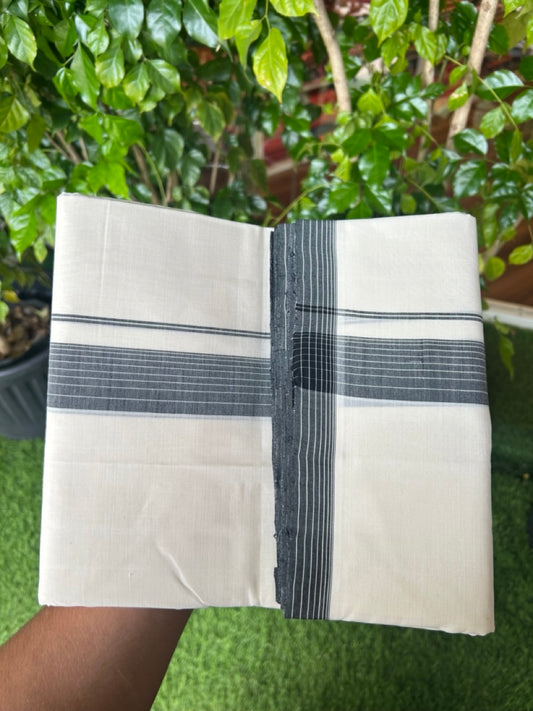 25% DISCOUNT!! KaithariKada HANDLOOM  UNAKKUPAAV Balaramapuram - 100% PURE Cotton OFF White - (Unbleached) Double Mundu/Dothi - 80X100 - 1.5 inch Black Striped Kara 3.80 meter (8.5 Muzham) - 42KK5209 REA