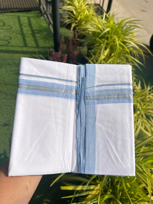 30% Discount KaithariKada HANDLOOM Unakkupaav Balaramapuram - 100% PURE Cotton PURE WHITE - 100x100 Double Mundu/Dhoti - 1.25 inch Sky Blue & Silver Striped Kasavu Kara - 8KK5129YAR