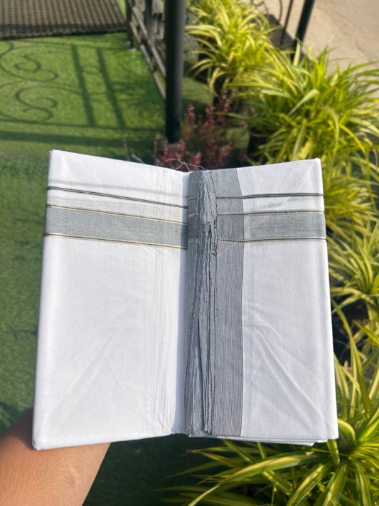 30% Discount KaithariKada HANDLOOM Unakkupaav Balaramapuram - 100% PURE Cotton PURE WHITE - 100x100 Double Mundu/Dhoti - 1 inch Black & Silver Kasavu Striped Kara - 15KK5129YAR