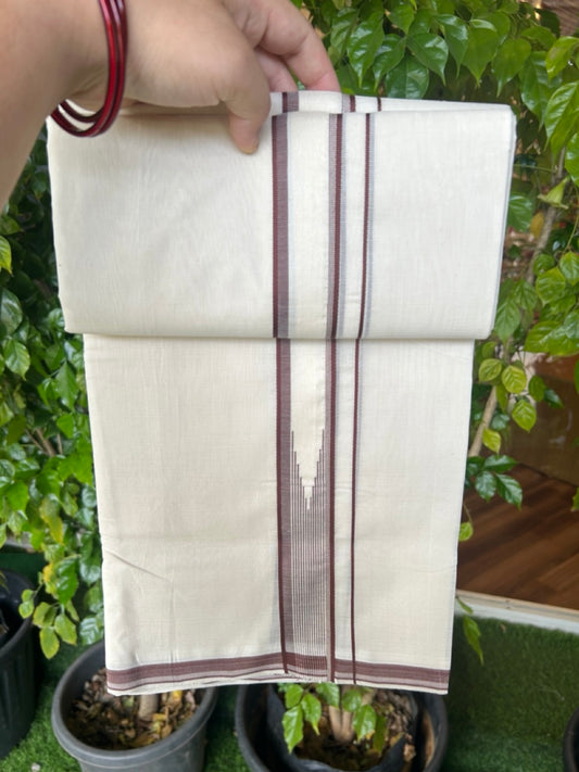25% DISCOUNT!! KaithariKada HANDLOOM  UNAKKUPAAV Balaramapuram - 100% PURE Cotton OFF White - (Unbleached) Double Mundu/Dothi - 80X100 - 1.5 inch Puliyilakkara Brown Striped Chutty Kara 3.80 meter (8.5 Muzham) - 39KK5209 REA