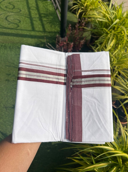 30% Discount KaithariKada HANDLOOM Unakkupaav Balaramapuram - 100% PURE Cotton PURE WHITE - 100x100 Double Mundu/Dhoti - 1.5 inch Dark Brown & Silver Kasavu Shaded Kara - 17KK5129YAR