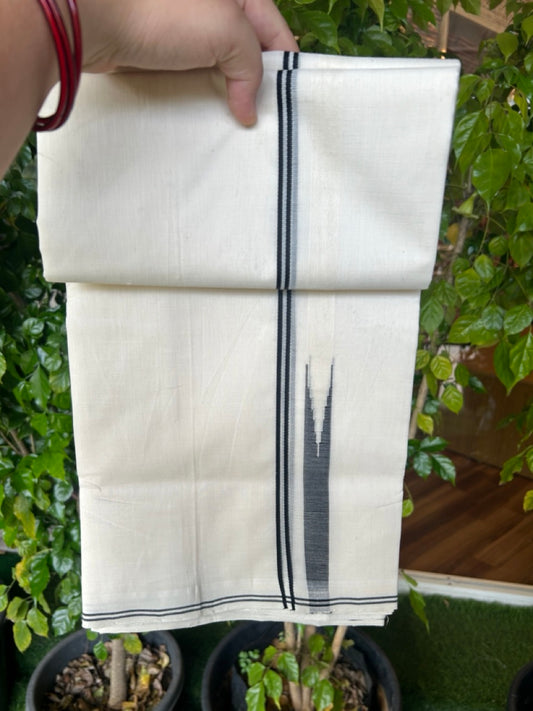 25% DISCOUNT!! KaithariKada HANDLOOM  UNAKKUPAAV Balaramapuram - 100% PURE Cotton OFF White - (Unbleached) Double Mundu/Dothi - 80X100 - 1 cm Black stripes Puliyilakkara Black chutty Kara 3.80 meter (8.5 Muzham) - 40KK5209 REA