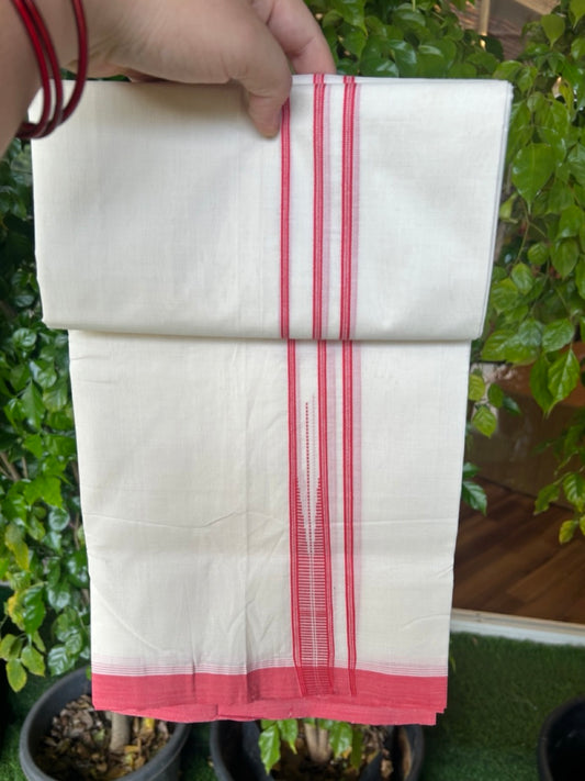 25% DISCOUNT!! KaithariKada HANDLOOM  UNAKKUPAAV Balaramapuram - 100% PURE Cotton OFF White - (Unbleached) Double Mundu/Dothi - 80X100 - 1 inch Puliyilakkara Reddish Peach Striped Chutty Kara 3.80 meter (8.5 Muzham) - 36KK5209 REA