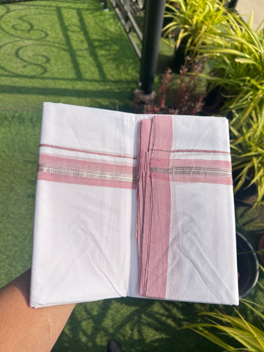 30% Discount KaithariKada HANDLOOM Unakkupaav Balaramapuram - 100% PURE Cotton PURE WHITE - 100x100 Double Mundu/Dhoti - 1.25 inch Light Red & Silver Kasavu Shaded Kara - 18KK5129YAR