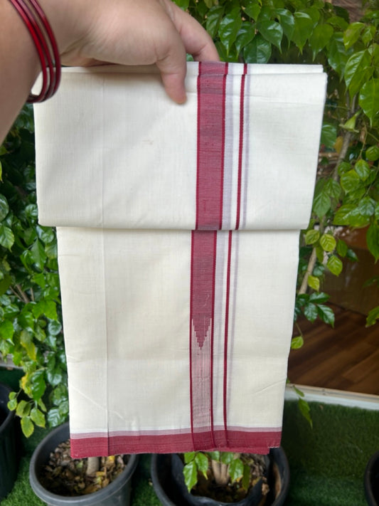 25% DISCOUNT!! KaithariKada HANDLOOM  UNAKKUPAAV Balaramapuram - 100% PURE Cotton OFF White - (Unbleached) Double Mundu/Dothi - 80X100 - 1 inch Puliyilakkara Reddish Maroon chutty Kara 3.80 meter (8.5 Muzham) - 41KK5209 REA