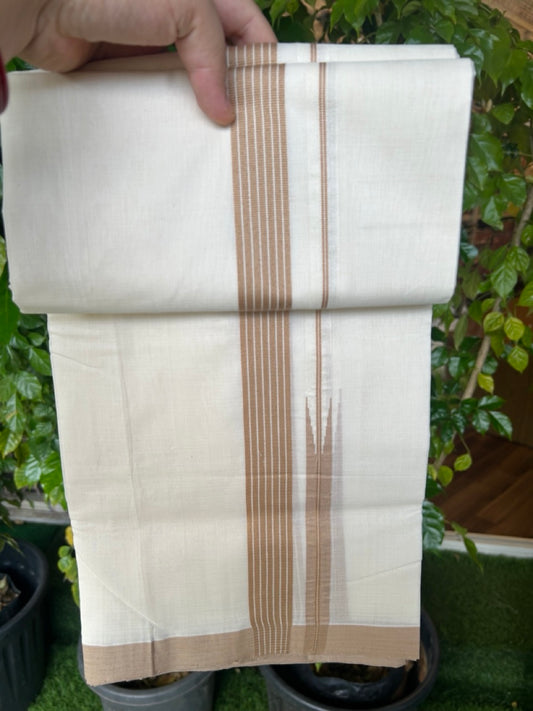 25% DISCOUNT!! KaithariKada HANDLOOM  UNAKKUPAAV Balaramapuram - 100% PURE Cotton OFF White - (Unbleached) Double Mundu/Dothi - 80X100 - 1.25 inch Puliyilakkara Sand Brown Striped Chutty Kara 3.80 meter (8.5 Muzham) - 38KK5209 REA
