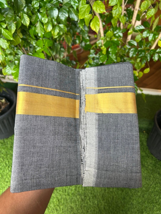 25% Discount! KaithariKada HANDLOOM  UNAKKUPAAV Balaramapuram - 100% PURE Cotton OFF White - (Unbleached) Double Mundu/Dothi - 120(Twisted) x 80 - Black Shaded Colour Body - 1.5 inch Gold Kasavu Kara - 47KK5209 REA