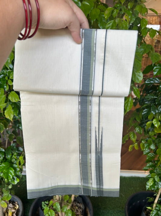 25% DISCOUNT!! KaithariKada HANDLOOM  UNAKKUPAAV Balaramapuram - 100% PURE Cotton OFF White - (Unbleached) Double Mundu/Dothi - 80X100 - 1 inch Puliyilakkara Silver Kasavu Olive Green & Green Striped Chutty Kara 3.80 meter (8.5 Muzham) - 43KK5209 REA