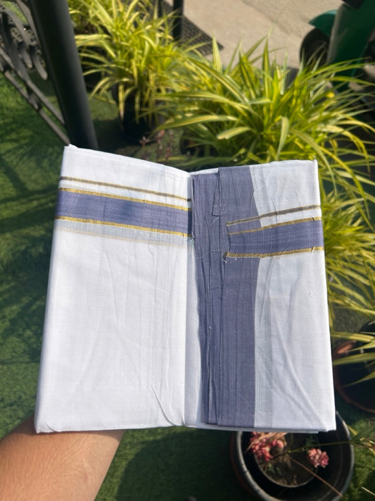 30% Discount KaithariKada HANDLOOM Unakkupaav Balaramapuram - 100% PURE Cotton PURE WHITE - 100x100 Double Mundu/Dhoti - 1.25 inch Navy Blue & Kasavu Kara - 14KK5129YAR