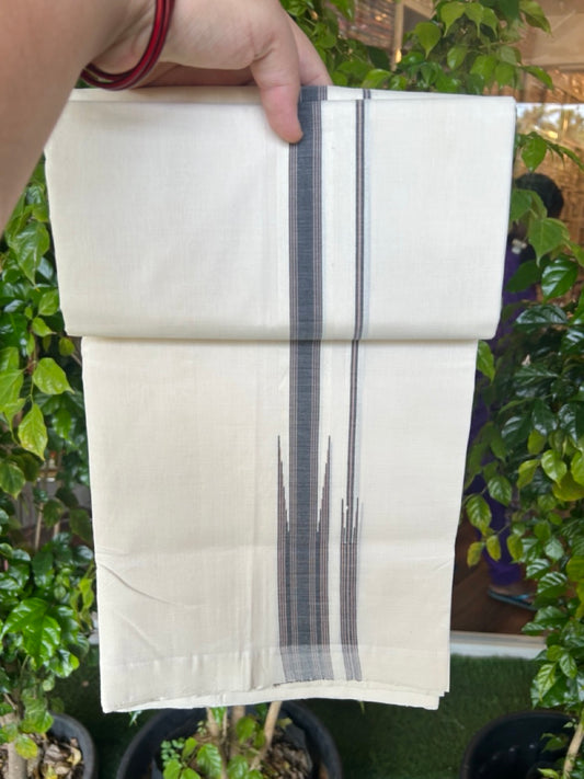 25% DISCOUNT!! KaithariKada HANDLOOM  UNAKKUPAAV Balaramapuram - 100% PURE Cotton OFF White - (Unbleached) Double Mundu/Dothi - 80X100 - 1.25 inch Puliyilakkara Black & Sand Brown chutty Kara 3.80 meter (8.5 Muzham) - 44KK5209 REA