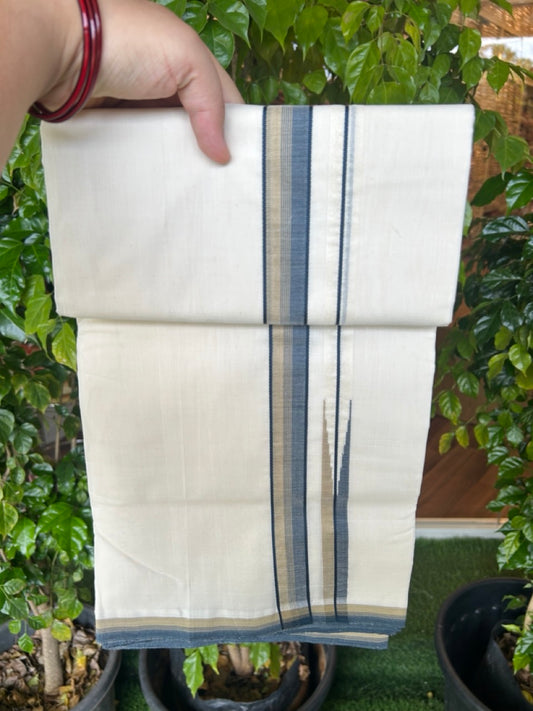 25% DISCOUNT!! KaithariKada HANDLOOM  UNAKKUPAAV Balaramapuram - 100% PURE Cotton OFF White - (Unbleached) Double Mundu/Dothi - 80X100 - 1 inch Puliyilakkara Peacock blue & pastel Olive Green chutty Kara 3.80 meter (8.5 Muzham) - 45KK5209 REA