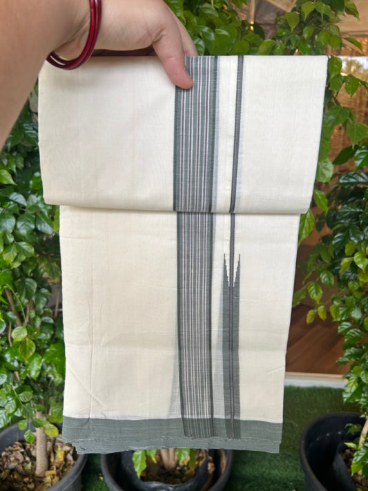 25% DISCOUNT!! KaithariKada HANDLOOM  UNAKKUPAAV Balaramapuram - 100% PURE Cotton OFF White - (Unbleached) Double Mundu/Dothi - 80X100 - 1.25 inch Puliyilakkara Olive Green & Maroon Striped chutty Kara 3.80 meter (8.5 Muzham) - 46KK5209 REA