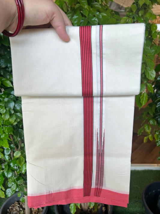 25% DISCOUNT!! KaithariKada HANDLOOM  UNAKKUPAAV Balaramapuram - 100% PURE Cotton OFF White - (Unbleached) Double Mundu/Dothi - 80X100 - 0.75 inch Puliyilakkara Reddish Peach & Black Striped Chutty Kara 3.80 meter (8.5 Muzham) - 34KK5209 REA