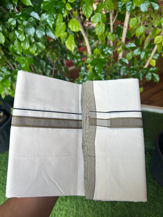 25% DISCOUNT!! KaithariKada HANDLOOM  UNAKKUPAAV Balaramapuram - 100% PURE Cotton OFF White - (Unbleached) Double Mundu/Dothi - 80X100 - 0.75 inch Mustard Yellow & Black Striped Kara 3.80 meter (8.5 Muzham) - 25KK5209 REA