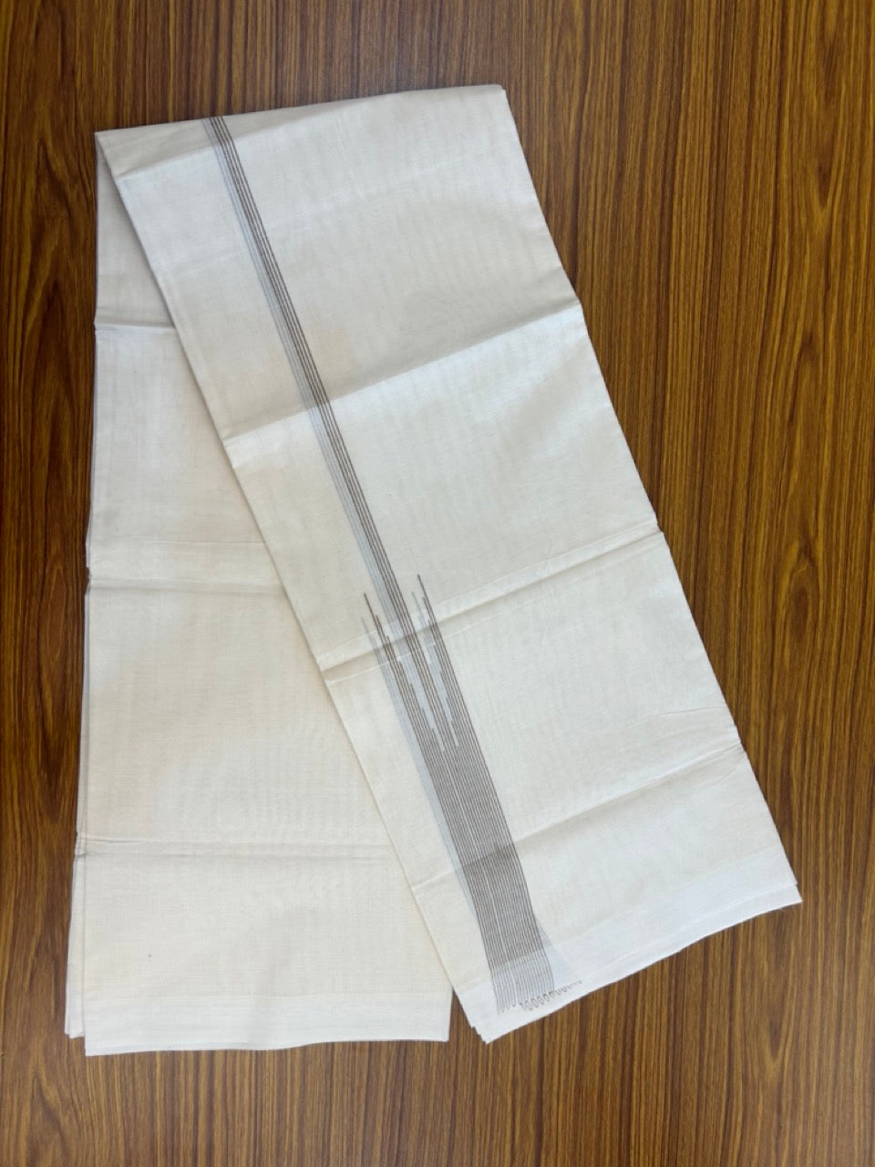 20% Discount! KaithariKada Balaramapuram 100% Cotton Double off white (Unbleached) Mundu/Dhoti - 100X80 - 1.5 inch Brown Striped chutty Kara 4 mtr (8.5 Muzham) - 63 KK5283 PMC