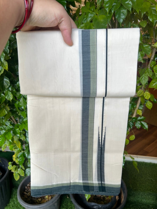 25% DISCOUNT!! KaithariKada HANDLOOM  UNAKKUPAAV Balaramapuram - 100% PURE Cotton OFF White - (Unbleached) Double Mundu/Dothi - 80X100 - 1 inch Puliyilakkara Dark Green & Light Green Striped Chutty Kara 3.80 meter (8.5 Muzham) - 26KK5209 REA