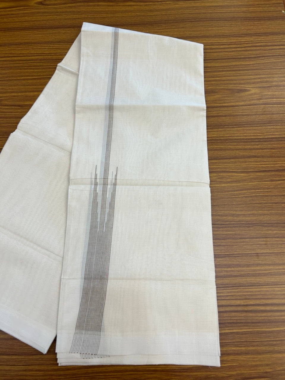20% Discount! KaithariKada Balaramapuram 100% Cotton Double off white (Unbleached) Mundu/Dhoti - 100X80 - 1.5 inch Brown Striped chutty Kara 4 mtr (8.5 Muzham) - 63 KK5283 PMC