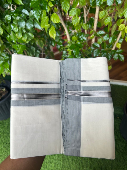 25% DISCOUNT!! KaithariKada HANDLOOM  UNAKKUPAAV Balaramapuram - 100% PURE Cotton OFF White - (Unbleached) Double Mundu/Dothi - 80X100 - 1.75 inch Silver Kasavu & Black Striped Kara - 33KK5209 REA