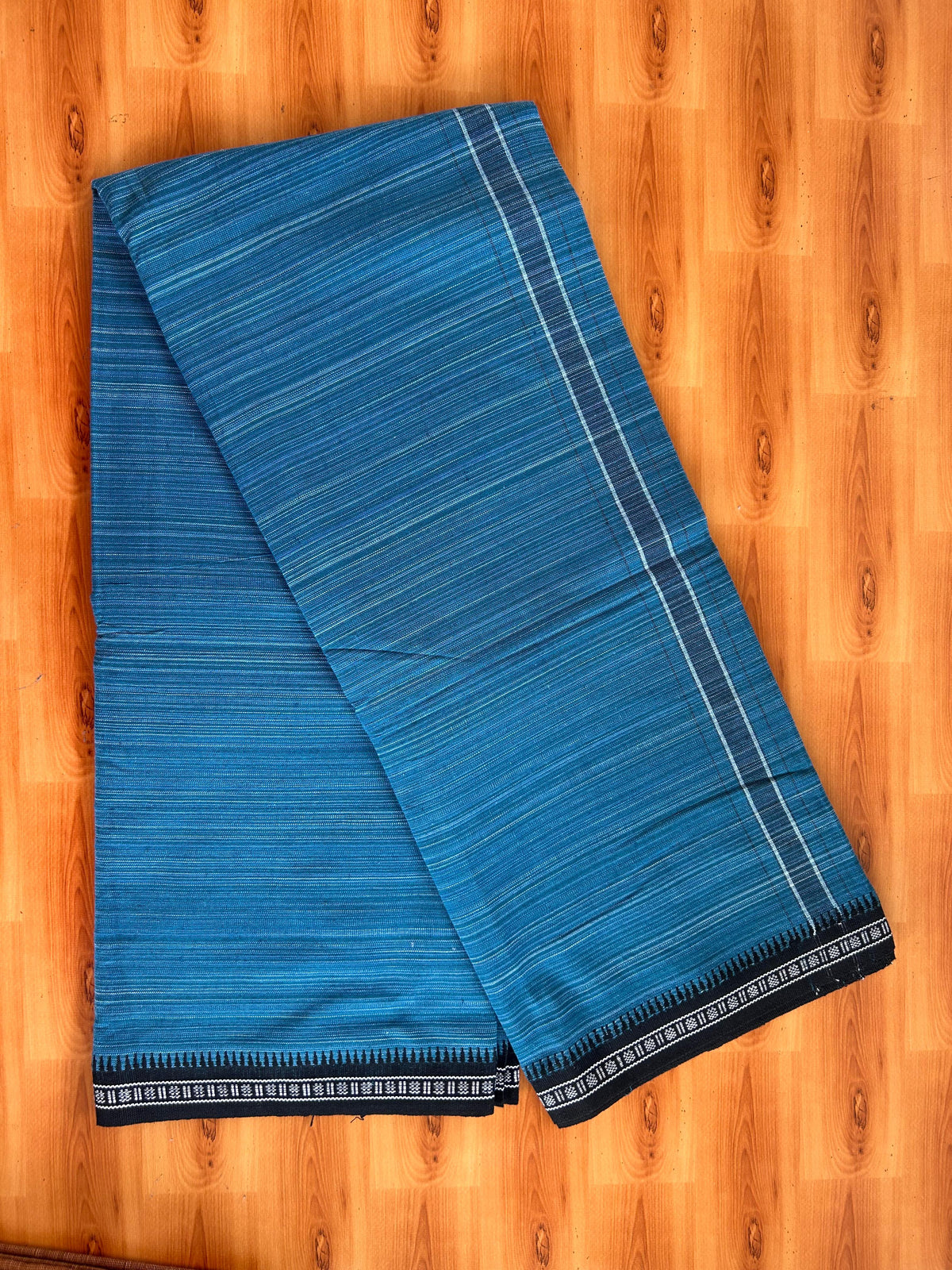 Premium Kathar Type Pure Cotton Single Mundu Kaitharikada - Kaily / Lungi - 2/ 20s - 1.75 inch Black White Striped kara with Peacock Blue colour Body Kuppadam Border 2.25 mtr (4.82 muzham) - 2 KK8093 KUT