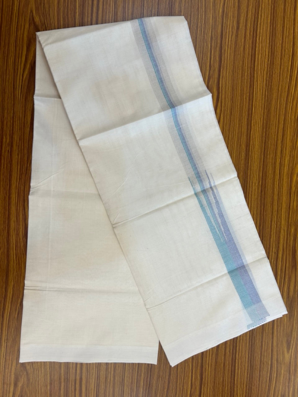 20% Discount! KaithariKada Balaramapuram 100%  Cotton Double off white  (Unbleached) Mundu/Dhoti - 100X80 - 1.5 inch Silver kasavu Blue & Turquoise Green striped chutty - 4 mtr (8.5 Muzham) - 44 KK5283 PMC
