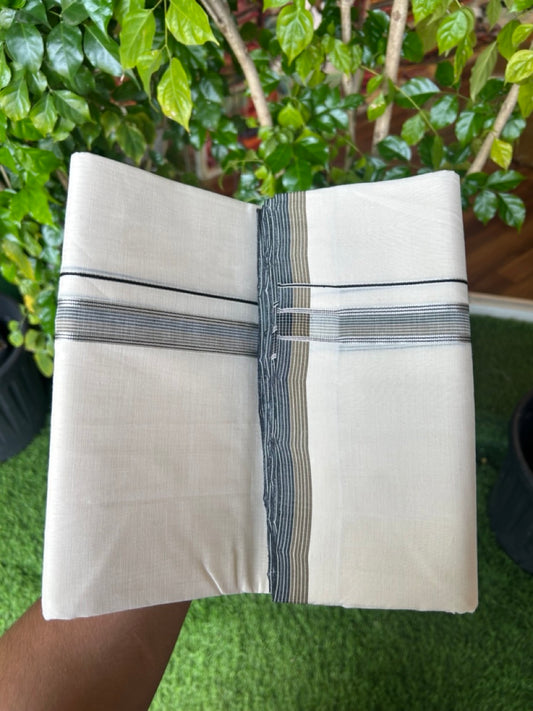 25% DISCOUNT!! KaithariKada HANDLOOM  UNAKKUPAAV Balaramapuram - 100% PURE Cotton OFF White - (Unbleached) Double Mundu/Dothi - 120(Twisted) x 100 -0.75 inch Silver Kasavu Black & Peanut Brown Striped Kara - 37KK5209 REA