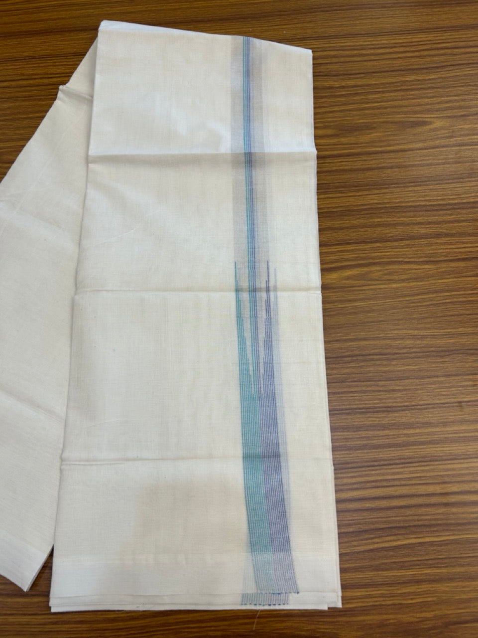 20% Discount! KaithariKada Balaramapuram 100%  Cotton Double off white  (Unbleached) Mundu/Dhoti - 100X80 - 1.5 inch Silver kasavu Blue & Turquoise Green striped chutty - 4 mtr (8.5 Muzham) - 44 KK5283 PMC