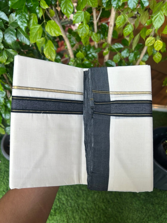 25% DISCOUNT!! KaithariKada HANDLOOM  UNAKKUPAAV Balaramapuram - 100% PURE Cotton OFF White - (Unbleached) Double Mundu/Dothi - 80X100 - 1 inch PURE JERRY & Black Striped Kara 3.60 meter (8 Muzham) - 35KK5209 REA