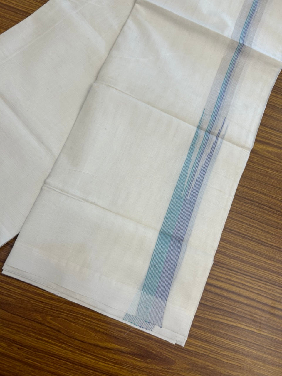 20% Discount! KaithariKada Balaramapuram 100%  Cotton Double off white  (Unbleached) Mundu/Dhoti - 100X80 - 1.5 inch Silver kasavu Blue & Turquoise Green striped chutty - 4 mtr (8.5 Muzham) - 44 KK5283 PMC