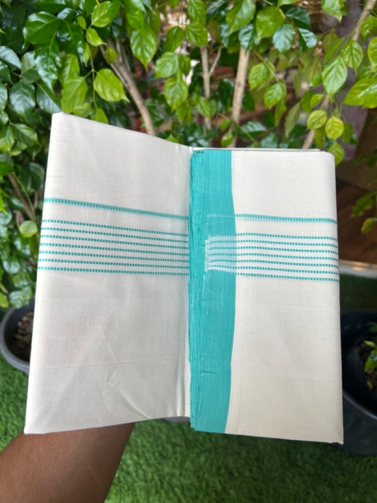 25% DISCOUNT!! KaithariKada HANDLOOM  UNAKKUPAAV Balaramapuram - 100% PURE Cotton OFF White - (Unbleached) Double Mundu/Dothi - 80x100 - 1.5 inch Turquoise blue stripes pattern kara 3.80 meter (8.5 Muzham) - 28KK5209 REA