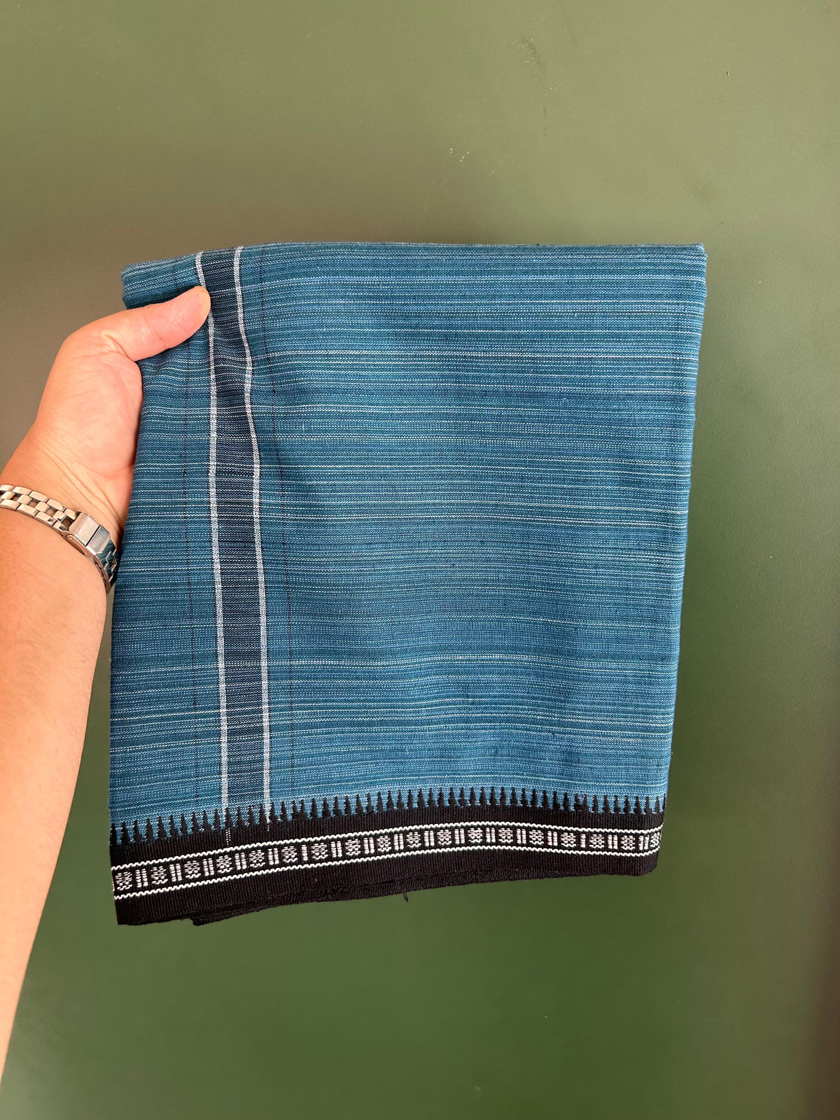 Premium Kathar Type Pure Cotton Single Mundu Kaitharikada - Kaily / Lungi - 2/ 20s - 1.75 inch Black White Striped kara with Peacock Blue colour Body Kuppadam Border 2.25 mtr (4.82 muzham) - 2 KK8093 KUT